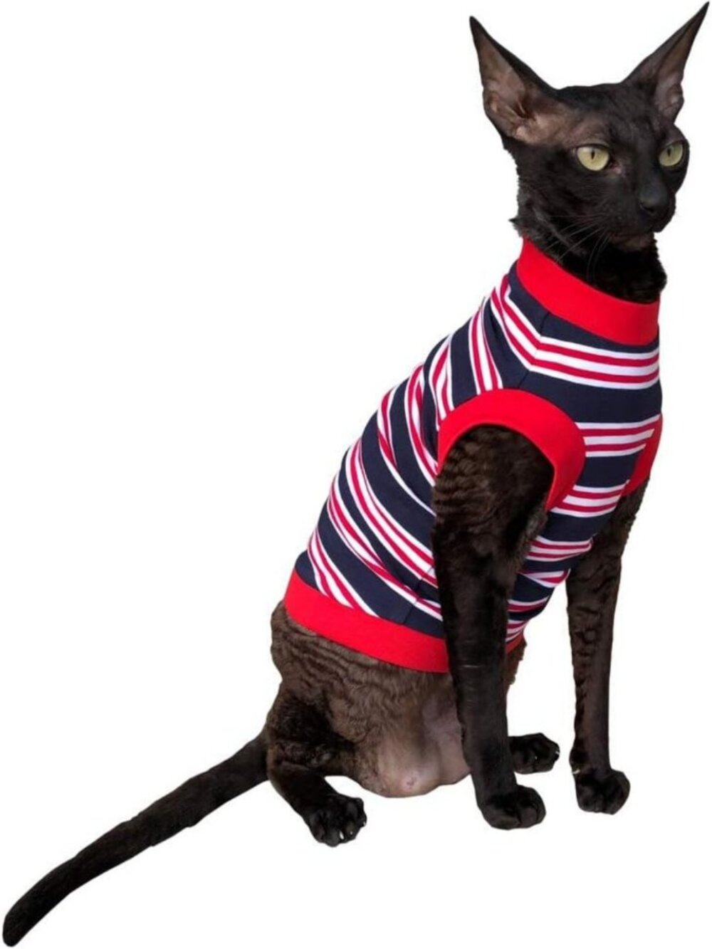 Cute Cat T-Shirt in Dark Blue, Red & White Stripes - XS Size, Stylish Pet